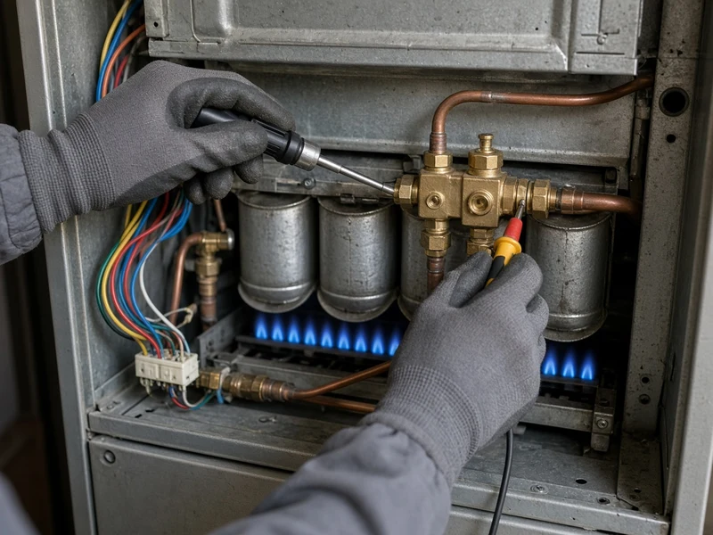 Close up of gloved hands servicing a residential gas furnace manifold with clean blue burner flames