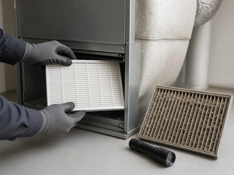 Gloved hands sliding a fresh pleated air filter into a home air handler beside a dusty used filter during a seasonal tune up