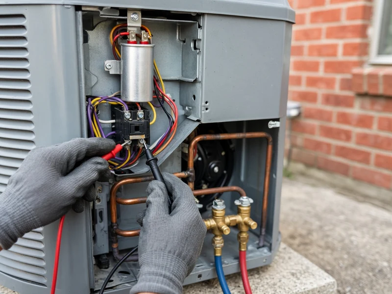 Close up of gloved hands testing an outdoor air conditioner condenser contactor with multimeter probes and manifold gauges