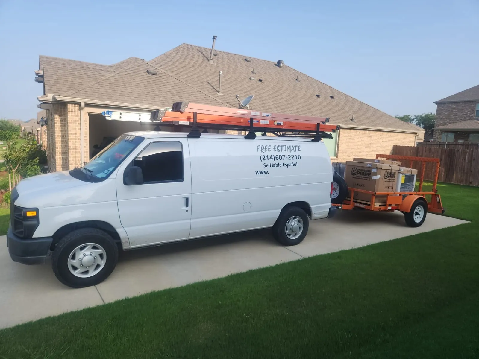 Sanmor HVAC Solutions work van with ladder rack and equipment trailer